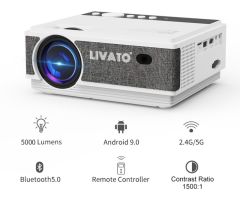 Livato Spark HD Android Projector with 5G WiFi and Bluetooth 5.0 Digital Keystone - 5000 lm / 1 Speaker / Wireless / Remote Controller Portable Projector- White